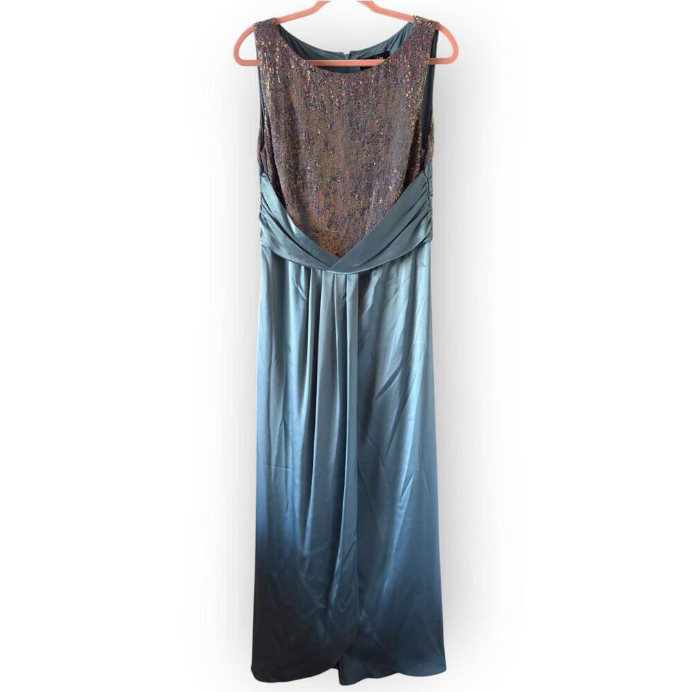 St John Dress Womens 12 Blue Sequin Bodice Satin Maxi Gown Shawl Formal Evening